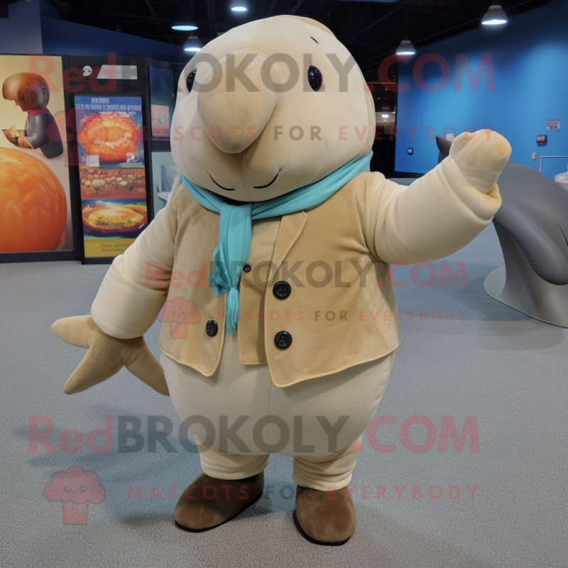 Tan Narwhal mascot costume character dressed with a Vest and Earrings Tan Narwhal mascot costume character dressed with a Vest and Earrings