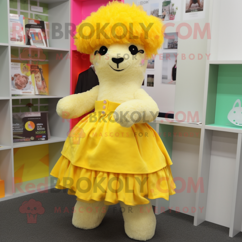 Yellow Alpaca mascot costume character dressed with a A-Line Skirt and Hair clips