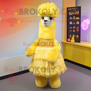 Yellow Alpaca mascot costume character dressed with a A-Line Skirt and Hair clips