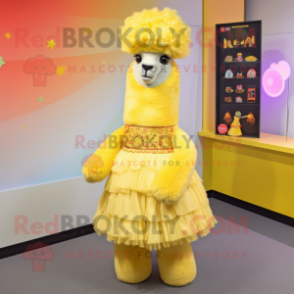 Yellow Alpaca mascot costume character dressed with a A-Line Skirt and Hair clips