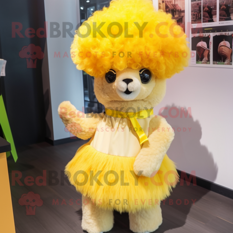 Yellow Alpaca mascot costume character dressed with a A-Line Skirt and Hair clips