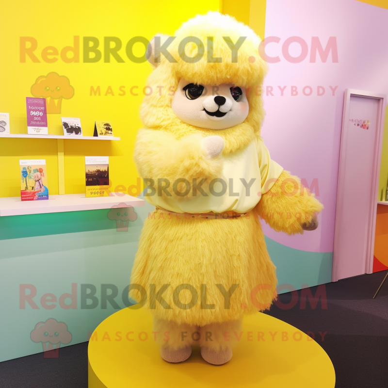 Yellow Alpaca mascot costume character dressed with a A-Line Skirt and Hair clips