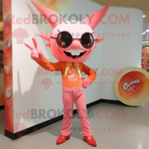 Peach Devil mascot costume character dressed with a Flare Jeans and Earrings