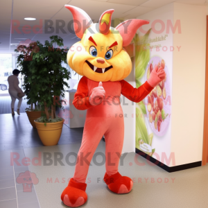 Peach Devil mascot costume character dressed with a Flare Jeans and Earrings