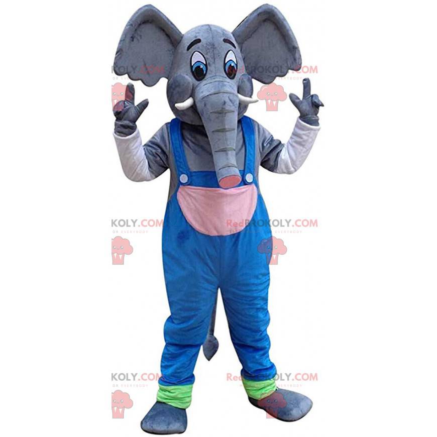Elefant-maskot med overall, pachyderm-kostume - Redbrokoly.com