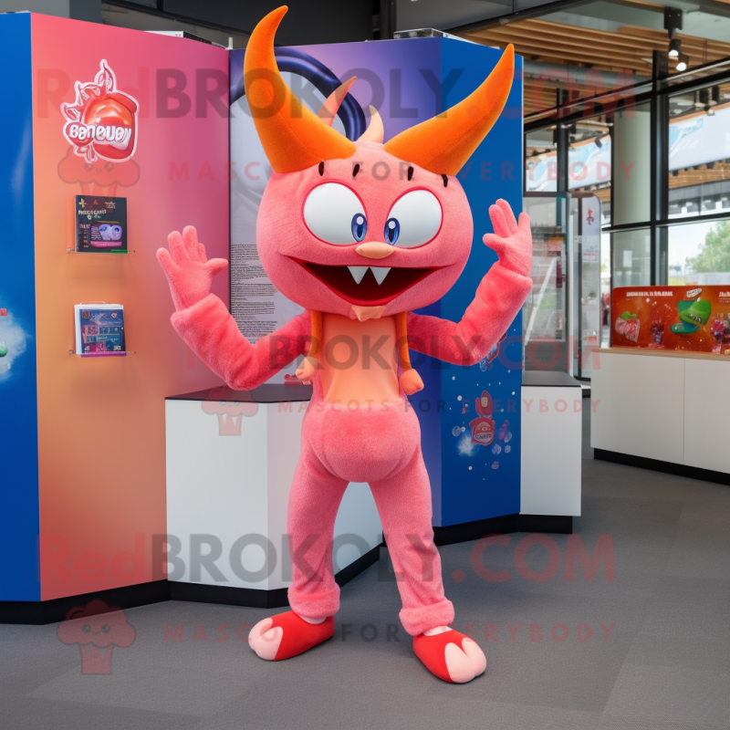 Peach Devil mascot costume character dressed with a Flare Jeans and Earrings