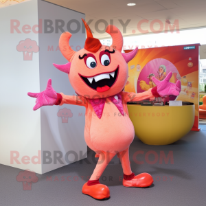 Peach Devil mascot costume character dressed with a Flare Jeans and Earrings