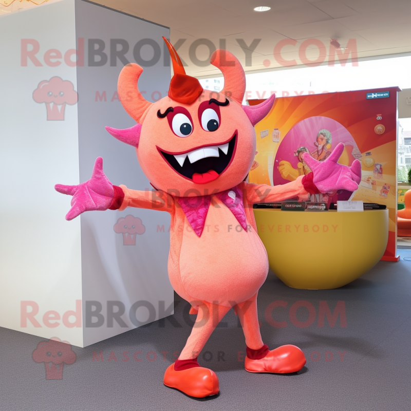 Peach Devil mascot costume character dressed with a Flare Jeans and Earrings Peach Devil mascot costume character dressed with a Flare Jeans and Earrings