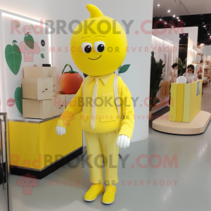 Lemon Yellow Pendant mascot costume character dressed with a Cardigan and Clutch bags