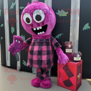 Magenta Graveyard mascot costume character dressed with a Flannel Shirt and Clutch bags