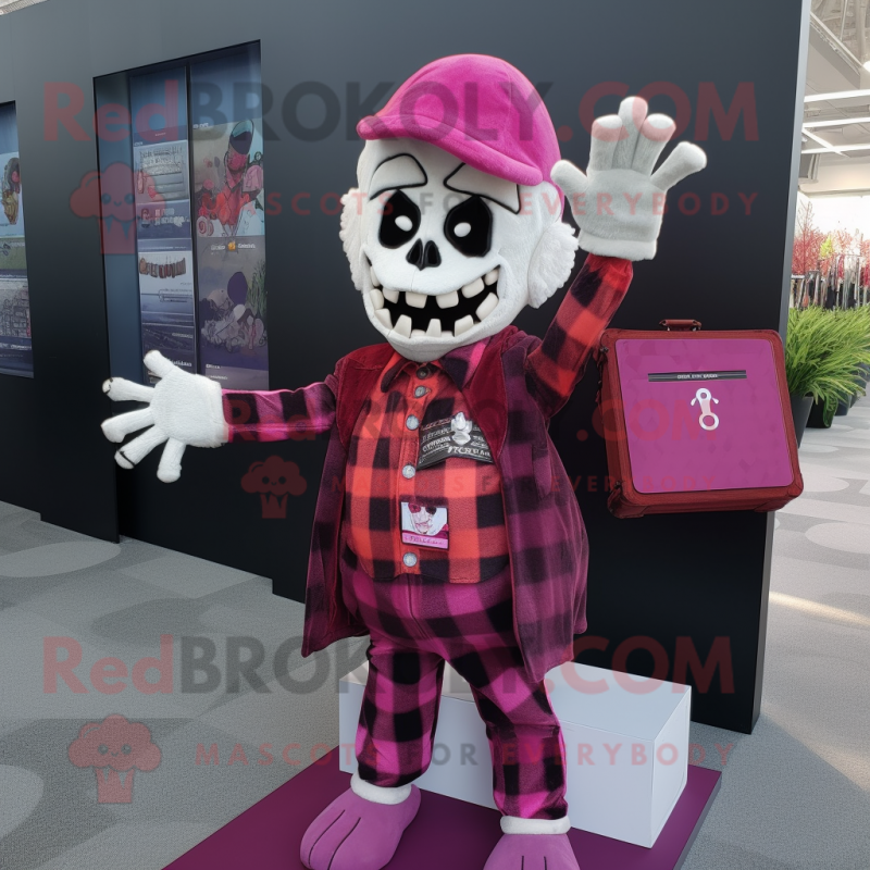 Magenta Graveyard mascot costume character dressed with a Flannel Shirt and Clutch bags