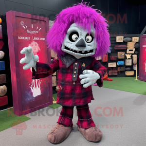 Magenta Graveyard mascot costume character dressed with a Flannel Shirt and Clutch bags