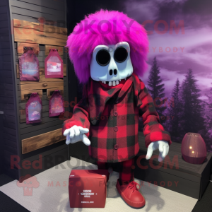 Magenta Graveyard mascot costume character dressed with a Flannel Shirt and Clutch bags