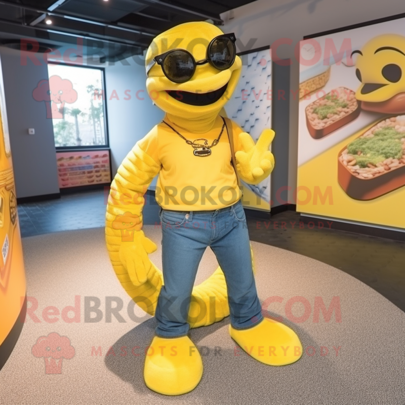 Yellow Anaconda mascot costume character dressed with a Dungarees and Sunglasses