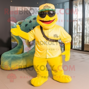 Yellow Anaconda mascot costume character dressed with a Dungarees and Sunglasses