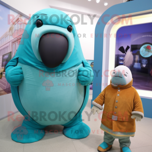 Turquoise Walrus mascot costume character dressed with a Turtleneck and Watches