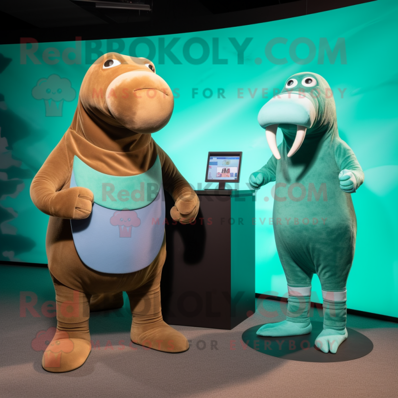 Turquoise Walrus mascot costume character dressed with a Turtleneck and Watches