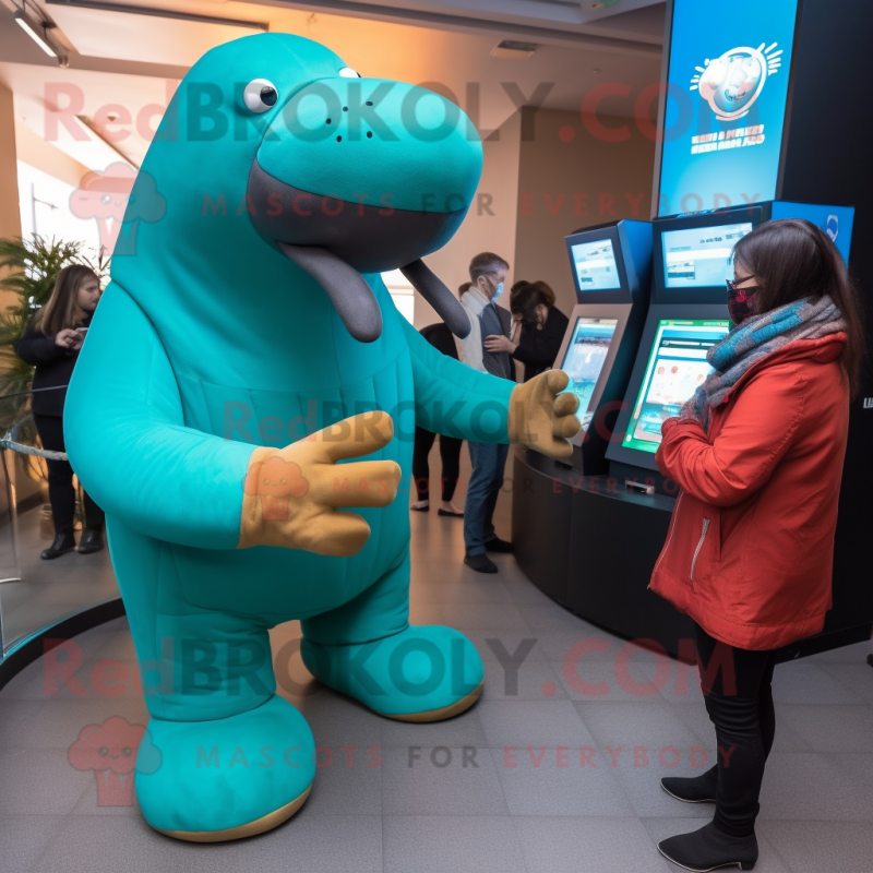 Turquoise Walrus mascot costume character dressed with a Turtleneck and Watches