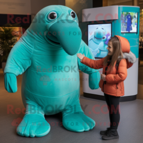 Turquoise Walrus mascot costume character dressed with a Turtleneck and Watches