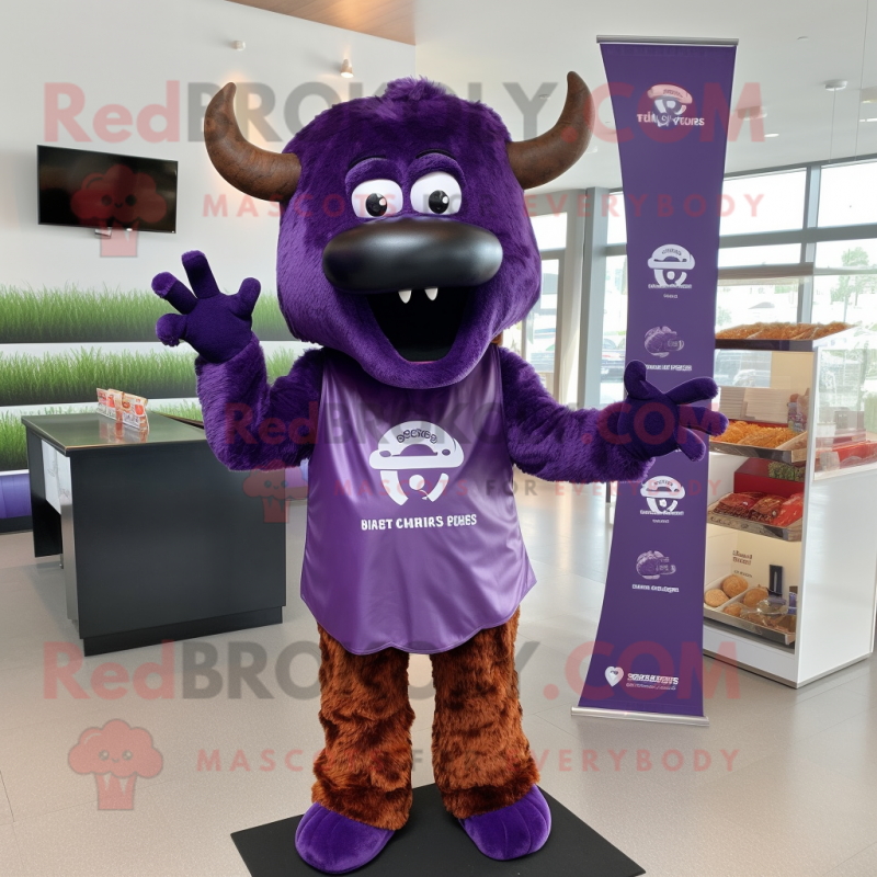 Purple Steak mascot costume character dressed with a T-Shirt and Earrings Purple Steak mascot costume character dressed with a T-Shirt and Earrings