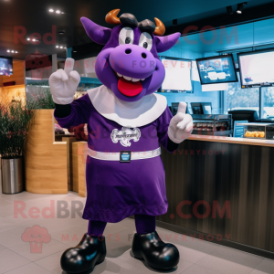 Purple Steak mascot costume character dressed with a T-Shirt and Earrings