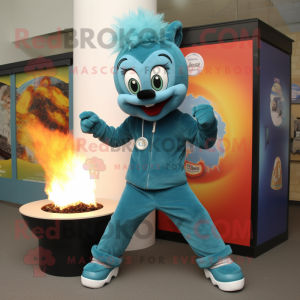 Teal Fire Eater mascot costume character dressed with a Capri Pants and Mittens