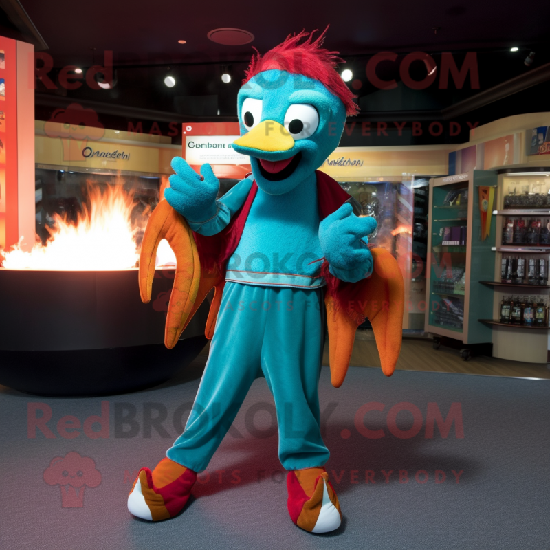 Teal Fire Eater mascot costume character dressed with a Capri Pants and Mittens Teal Fire Eater mascot costume character dressed with a Capri Pants and Mittens