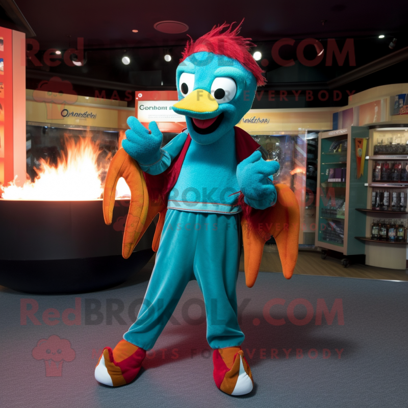 Teal Fire Eater mascot costume character dressed with a Capri Pants and Mittens