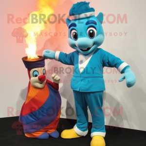 Teal Fire Eater mascot costume character dressed with a Capri Pants and Mittens