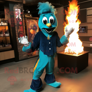 Teal Fire Eater mascot costume character dressed with a Capri Pants and Mittens