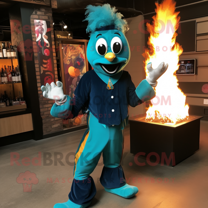Teal Fire Eater mascot costume character dressed with a Capri Pants and Mittens Teal Fire Eater mascot costume character dressed with a Capri Pants and Mittens