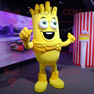 Yellow French Fries mascot costume character dressed with a Playsuit and Rings