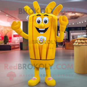 Yellow French Fries mascot costume character dressed with a Playsuit and Rings