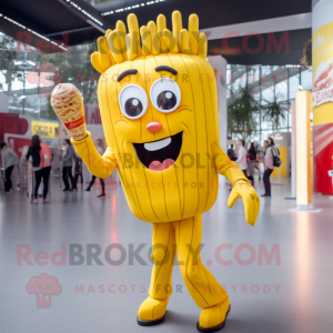 Yellow French Fries mascot costume character dressed with a Playsuit and Rings