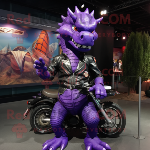 Purple Dragon mascot costume character dressed with a Moto Jacket and Hairpins