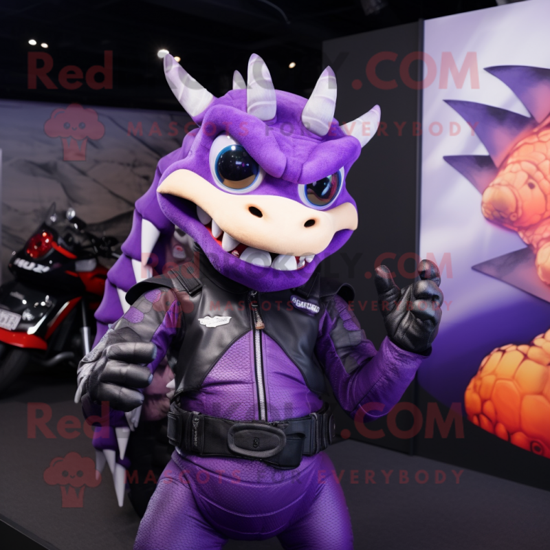 Purple Dragon mascot costume character dressed with a Moto Jacket and Hairpins Purple Dragon mascot costume character dressed with a Moto Jacket and Hairpins