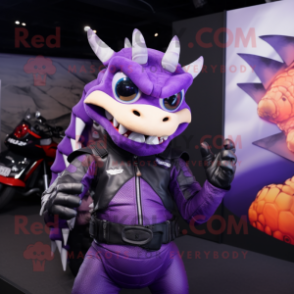 Purple Dragon mascot costume character dressed with a Moto Jacket and Hairpins