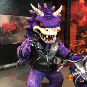 Purple Dragon mascot costume character dressed with a Moto Jacket and Hairpins
