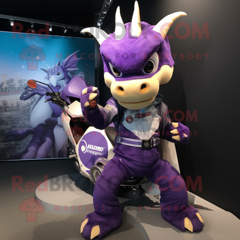 Purple Dragon mascot costume character dressed with a Moto Jacket and Hairpins Purple Dragon mascot costume character dressed with a Moto Jacket and Hairpins