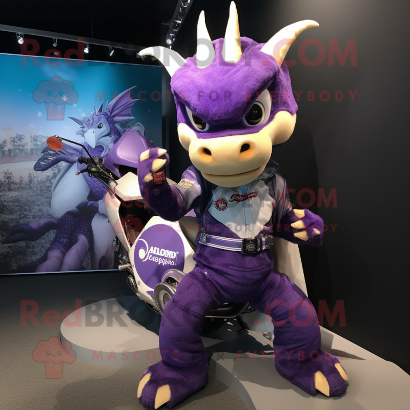 Purple Dragon mascot costume character dressed with a Moto Jacket and Hairpins