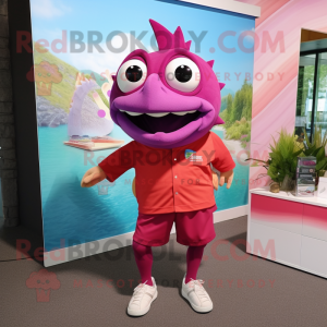 Magenta Piranha mascot costume character dressed with a Bermuda Shorts and Anklets