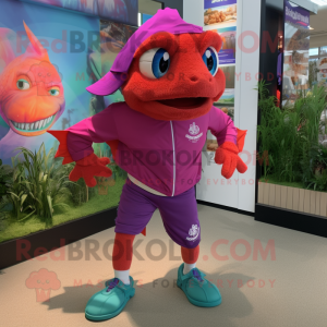 Magenta Piranha mascot costume character dressed with a Bermuda Shorts and Anklets