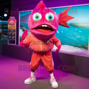 Magenta Piranha mascot costume character dressed with a Bermuda Shorts and Anklets