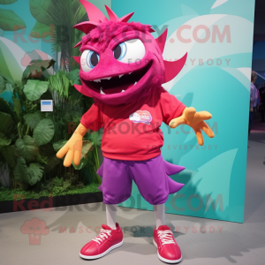 Magenta Piranha mascot costume character dressed with a Bermuda Shorts and Anklets