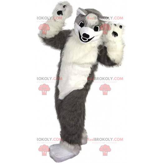 Mascote de cachorro macio e peludo cinza e branco, fantasia de