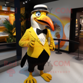 Gold Toucan mascot costume character dressed with a A-Line Dress and Belts