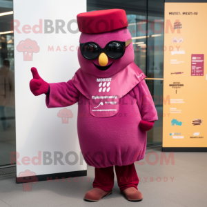 Magenta Currywurst mascot costume character dressed with a Sweater and Sunglasses