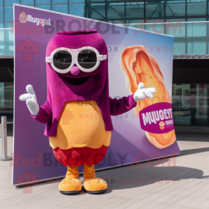 Magenta Currywurst mascot costume character dressed with a Sweater and Sunglasses