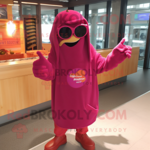 Magenta Currywurst mascot costume character dressed with a Sweater and Sunglasses