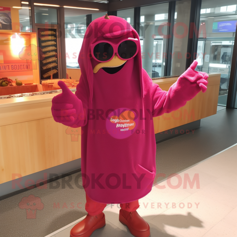 Magenta Currywurst mascot costume character dressed with a Sweater and Sunglasses Magenta Currywurst mascot costume character dressed with a Sweater and Sunglasses